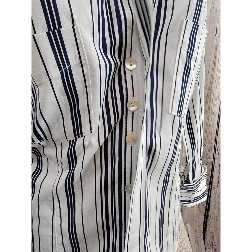 M‎ Siamo 12 Navy White Striped Ruffle Button Down Blouse Shirt Top Stretch EUC - Picture 4 of 12